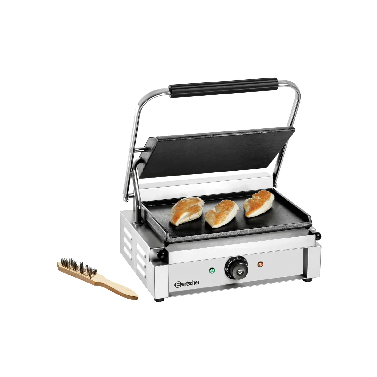Bartscher A150679 Kontaktgrill Panini MDI Glatt Ansicht Komplett mit Hühnchen und Bürste