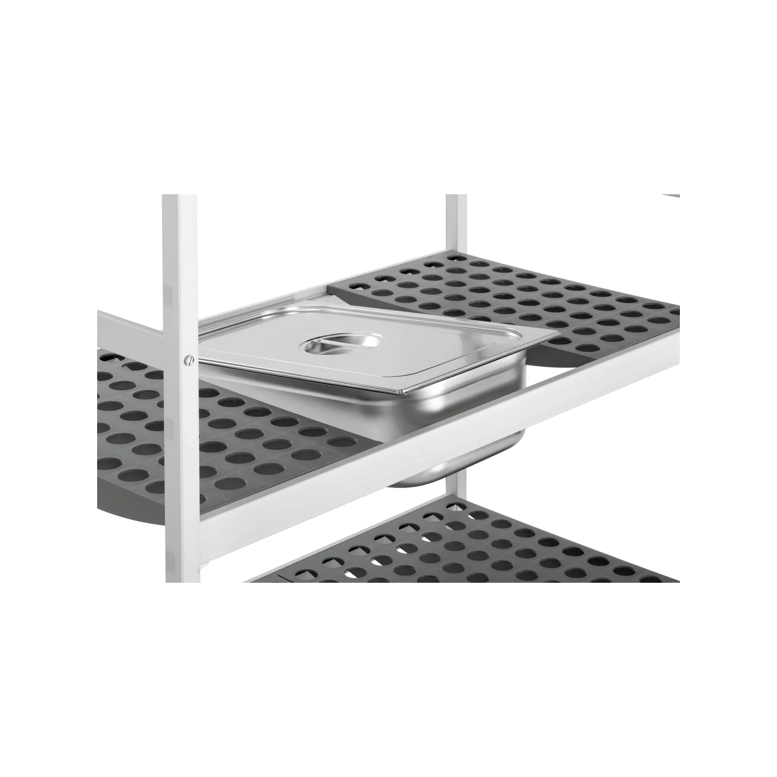Bartscher 603150 Regalsystem Kit 2 B1080 Ansicht Wanne, Serviceablage, Edelstahl, Schale mit Deckel, industrieller Rack, perforierte Ablage