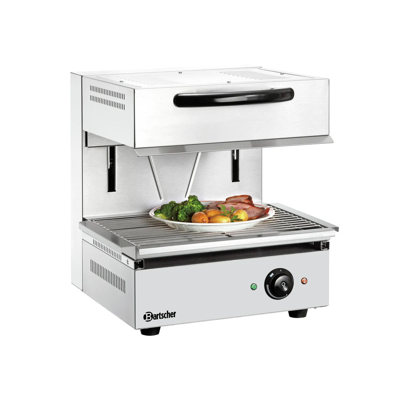 Bartscher 151510 Lift-Salamander 500-1Z Ansicht Komplett, mit Essen, Grill, Gasgrill, Bratplatten, Stahl, Kochplatte