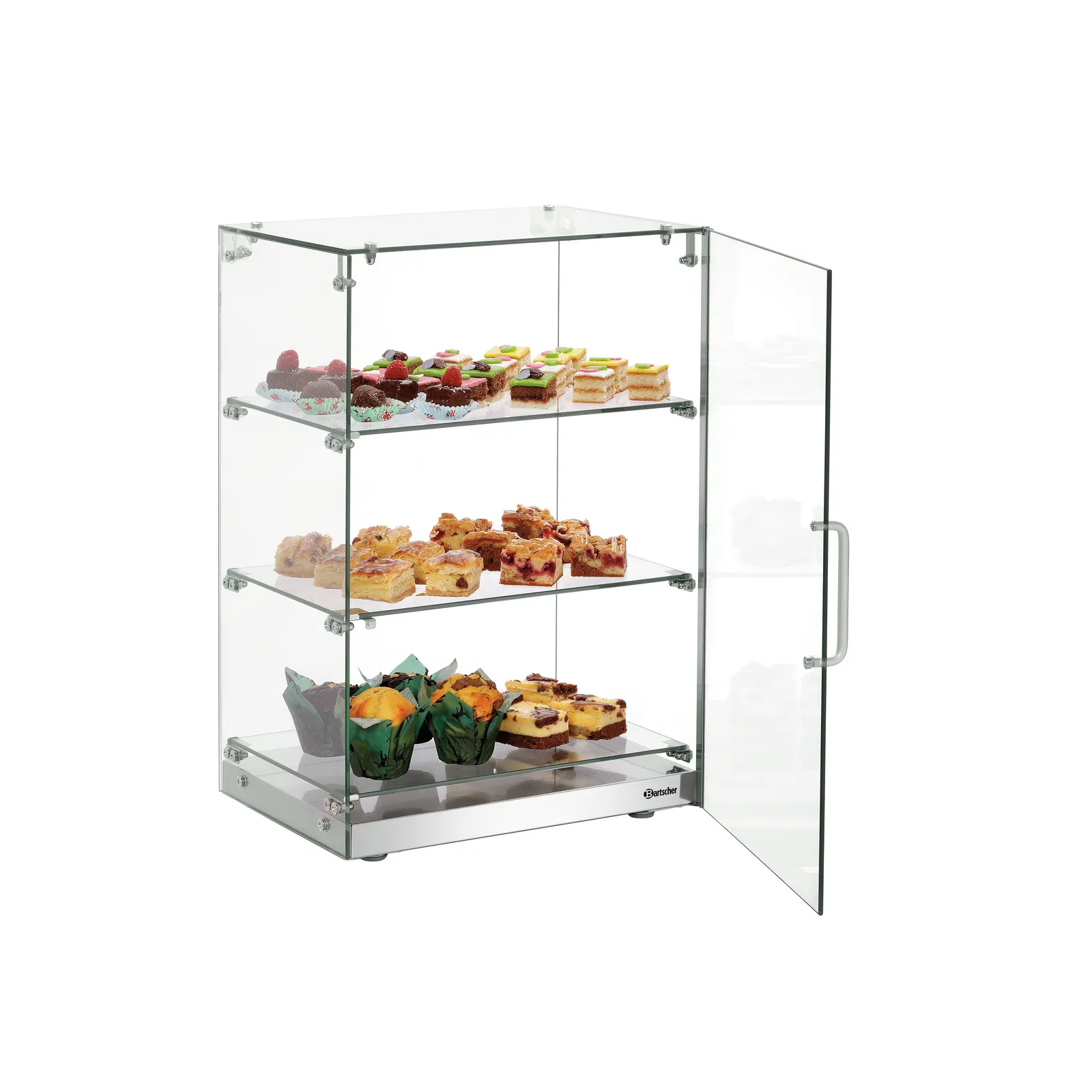 Bartscher 700357 Buffetvitrine 3850 3E-K Ansicht Komplett mit Essen offen, glasregal, bakware, glasdisplay, dessertregal, mehrstöckig