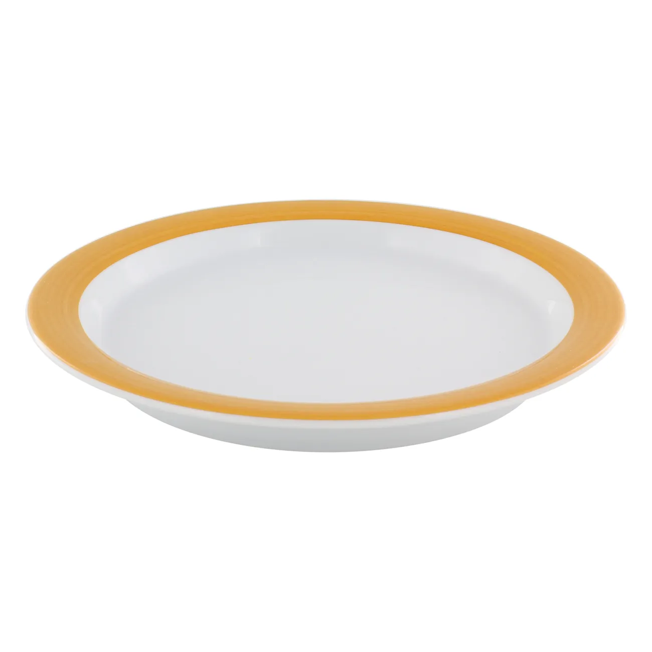 tellerplatte, speiseteller, weiß, orange rand, flacher teller, Gebrauchsschale, Porzellan, Orangerand, Servierschale, Flache Schale