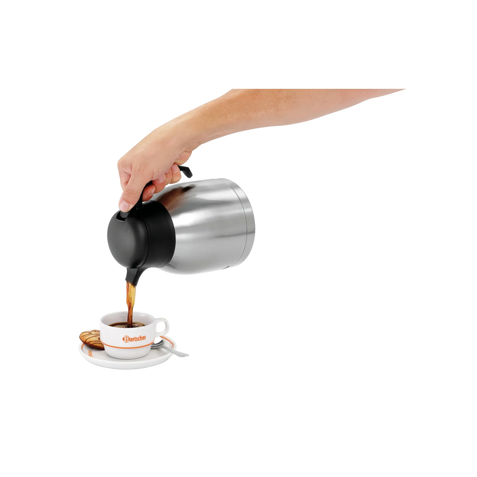 Bartscher 190114 Isolierkanne 1,4L-ST Ansicht Komplett, in Benutzung, Kaffeemaschine, Kaffee-Ausgießer, Espresso, Platzsparend, Stahlgehäuse
