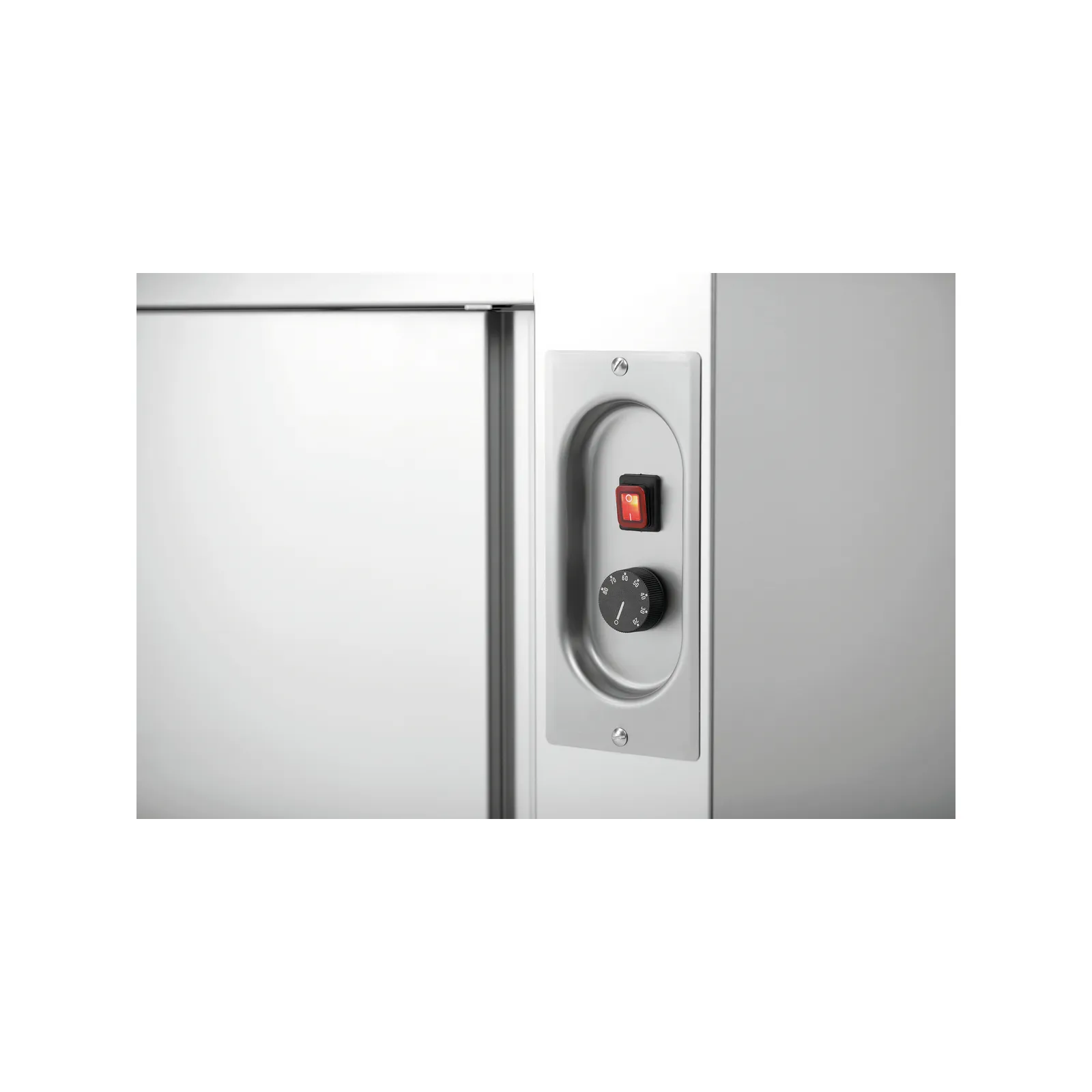 Bartscher 346127 Wärmeschrank 700-4T 1200 Nahansicht Bedienelemente, Schloss, Sicherheitsschloss, Türschloss, Booleschalter, Runddrehknopf