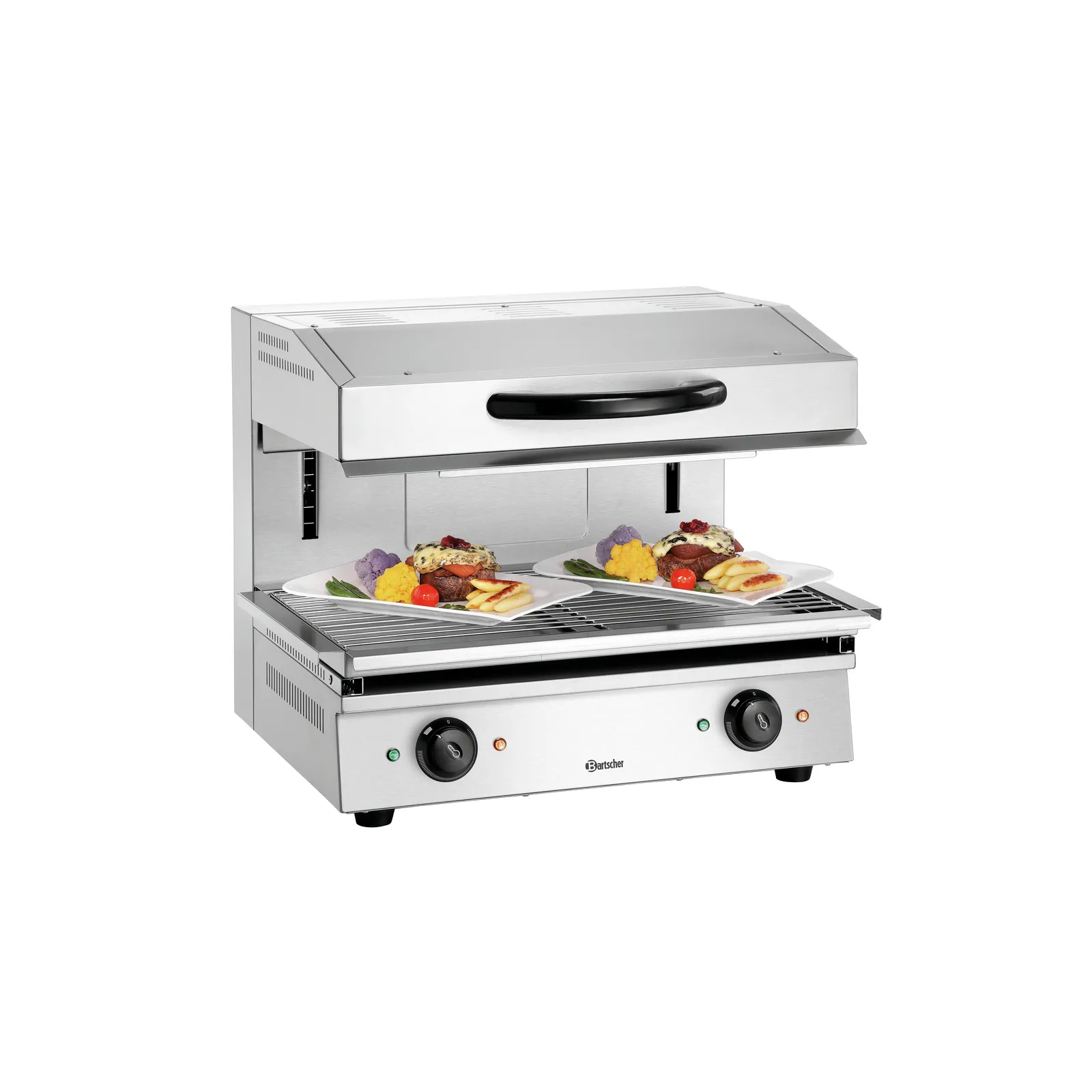 Bartscher 151512 Lift-Salamander 600-2Z Ansicht Komplett, mit Essen, Grill, Sandwichmaker, Elektrogrill, Röstplatten, Edelstahl