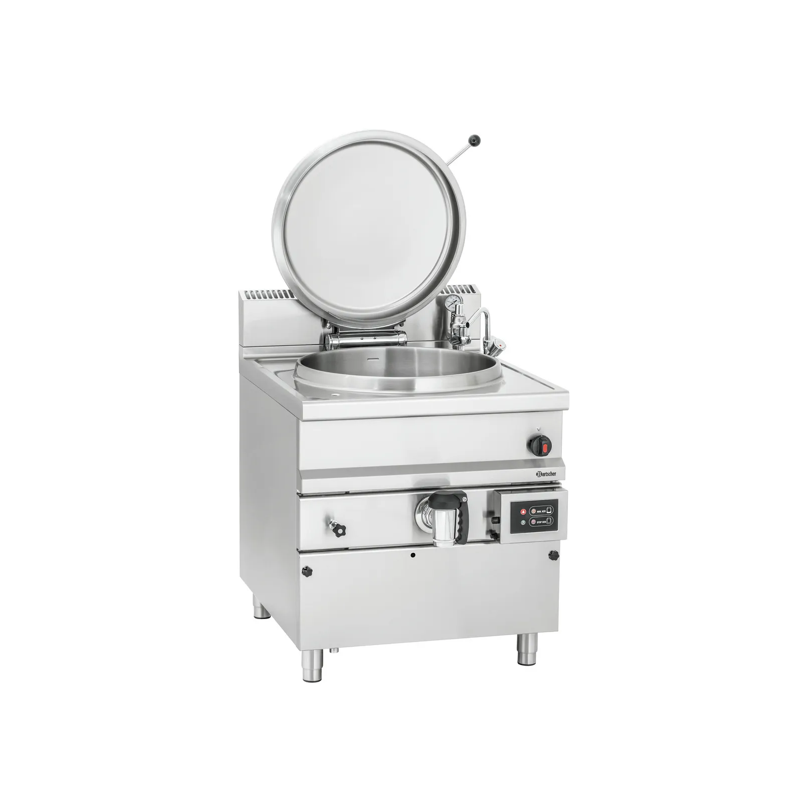 Bartscher 2800021 Kochkessel G113L Ansicht Komplett, offener Deckel, Industrieküche, Dampfer, Schublade, Kochplatte, Edelstahl
