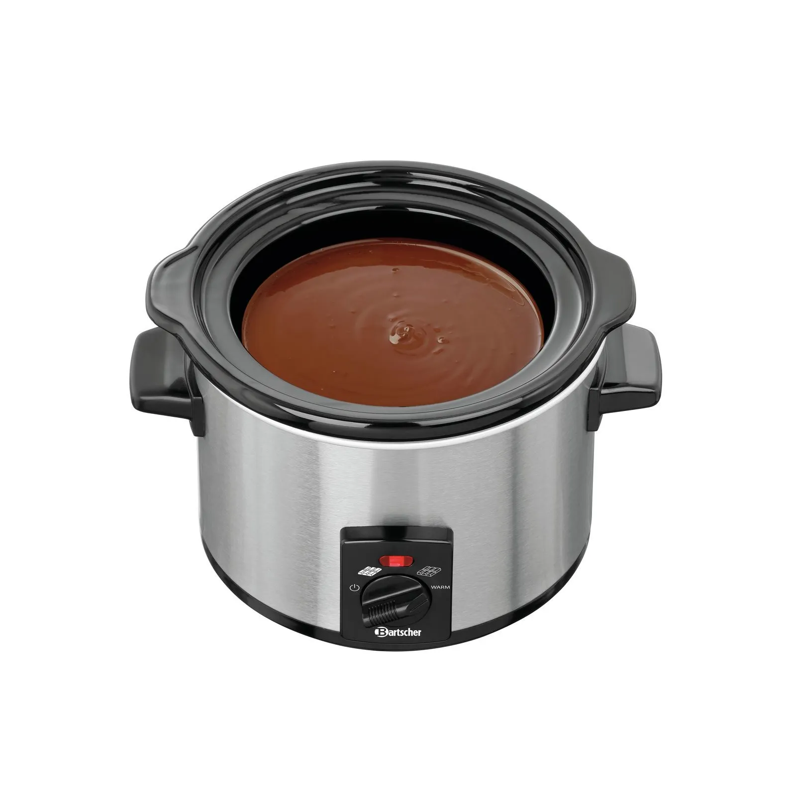 Bartscher 900005 Schokoladenwaermer Ansicht ohne Deckel mit Schokolade, Slow cooker, Edelstahl, Braune Soße, Deckel, Bedienknopf