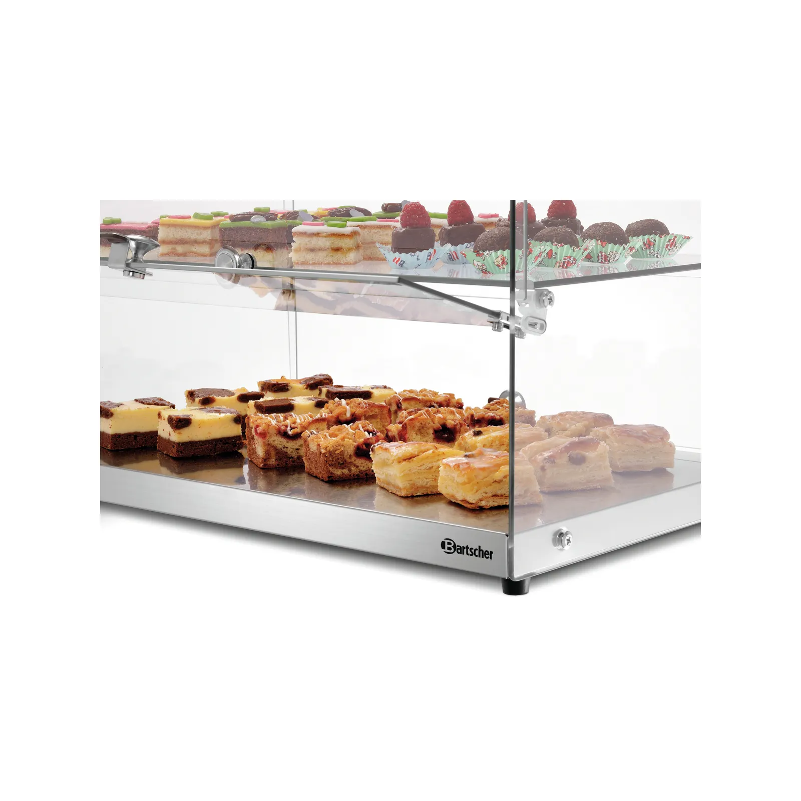 Bartscher 700356 Buffetvitrine 5400 2E-K Ansicht nah mit Essen offen, Backwaren, Auslage, Kuchen, Glasdiplom, Metallgehäuse