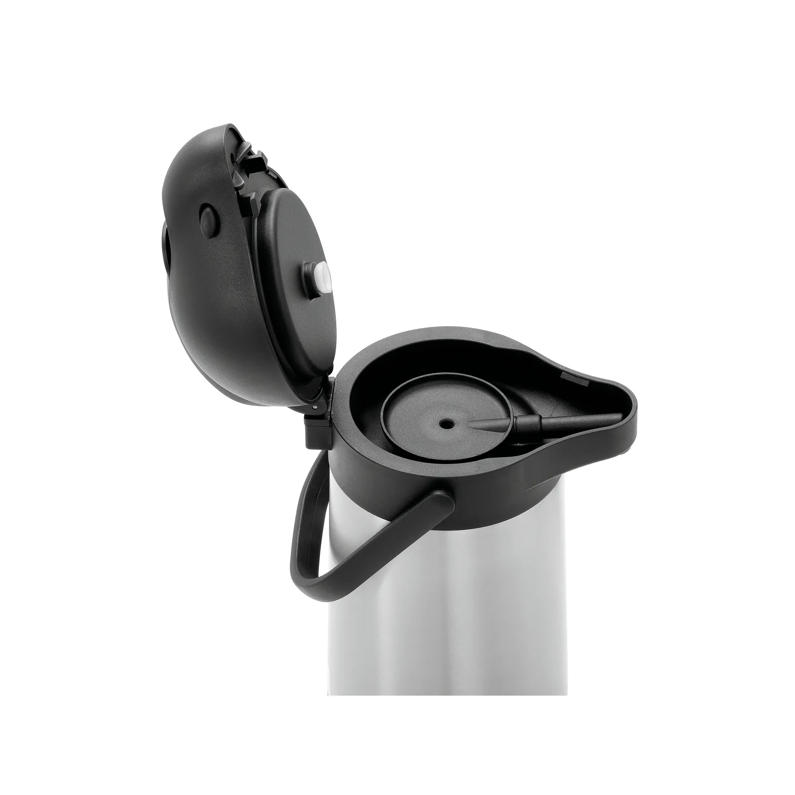 Bartscher 190117 Isolierpumpkanne 1,9L-ST Ansicht von oben, ganz geöffnet, Kaffeekanne, Thermkanne, Ausgießer, Deckelverschluss, Stahl