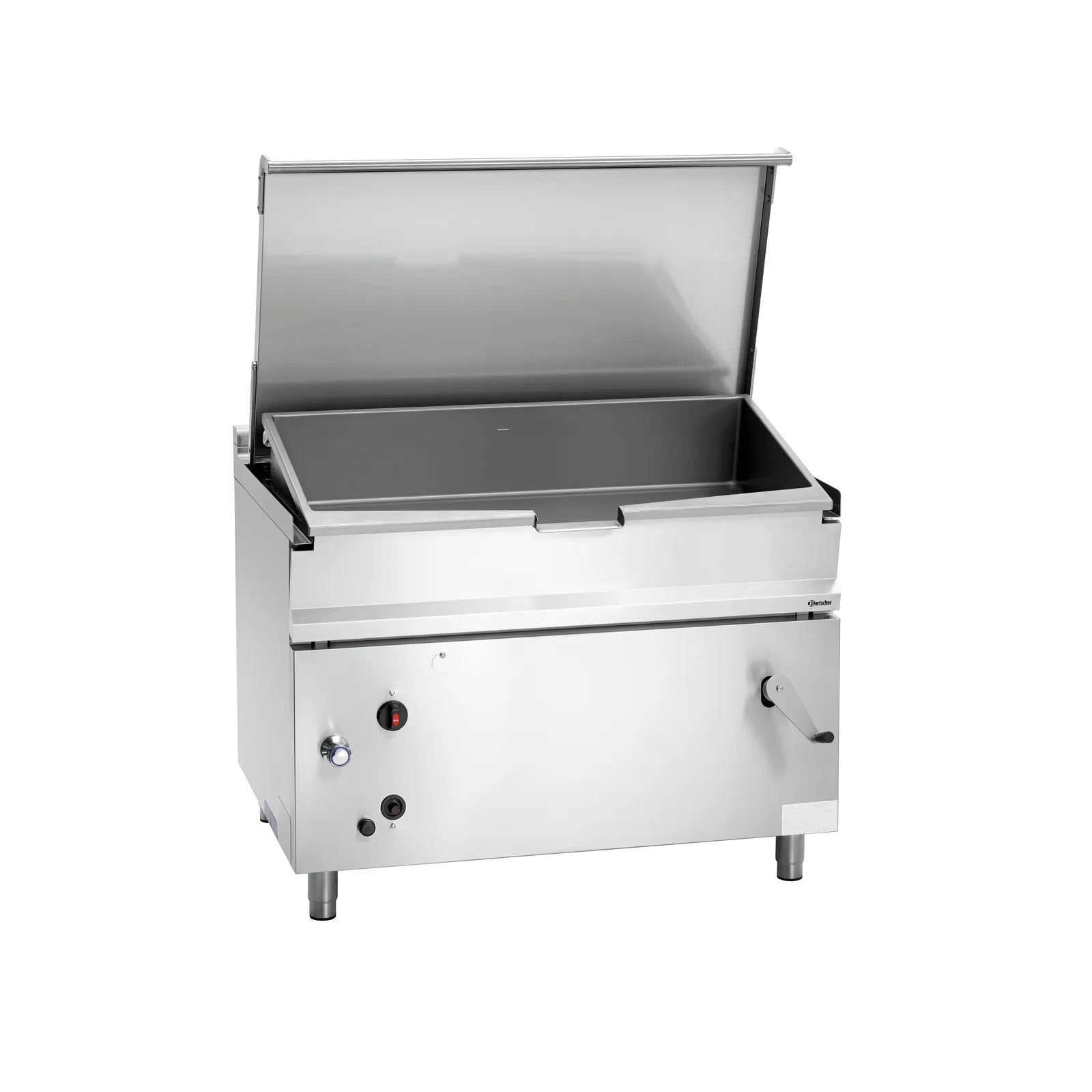 Bartscher 1930511 Kippbratpfanne G120LHK Ansicht Komplett, geöffnet, Grillplatte, Gasgrill, Edelstahl, Induktionsgeeignet, Schwenkdeckel