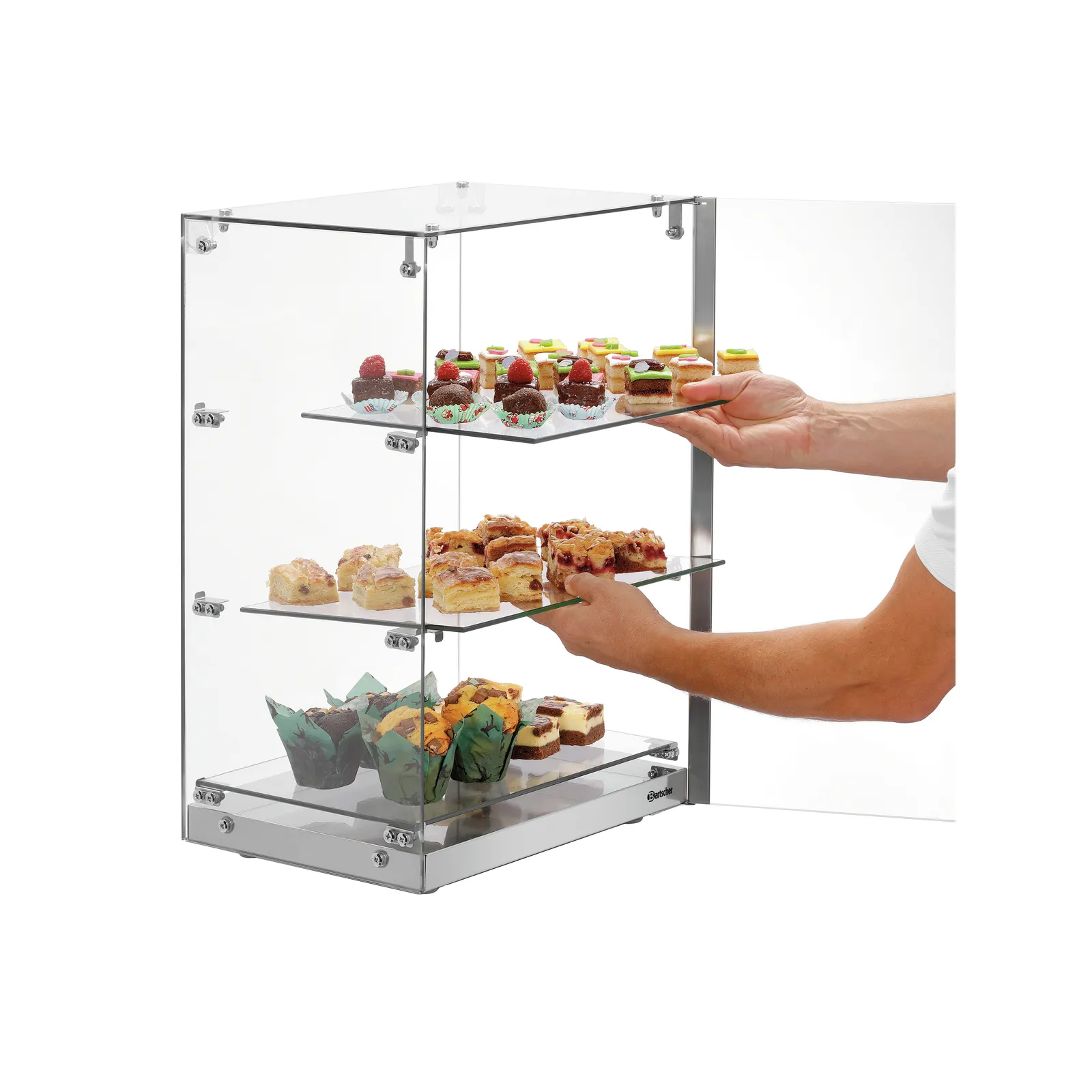 Bartscher 700357 Buffetvitrine 3850 3E-K Ansicht Komplett mit Essen offen in Benutzung, Auslage, Ausstellungsdisplay, Silikon/acryl, Glasregal, Dessertplatten