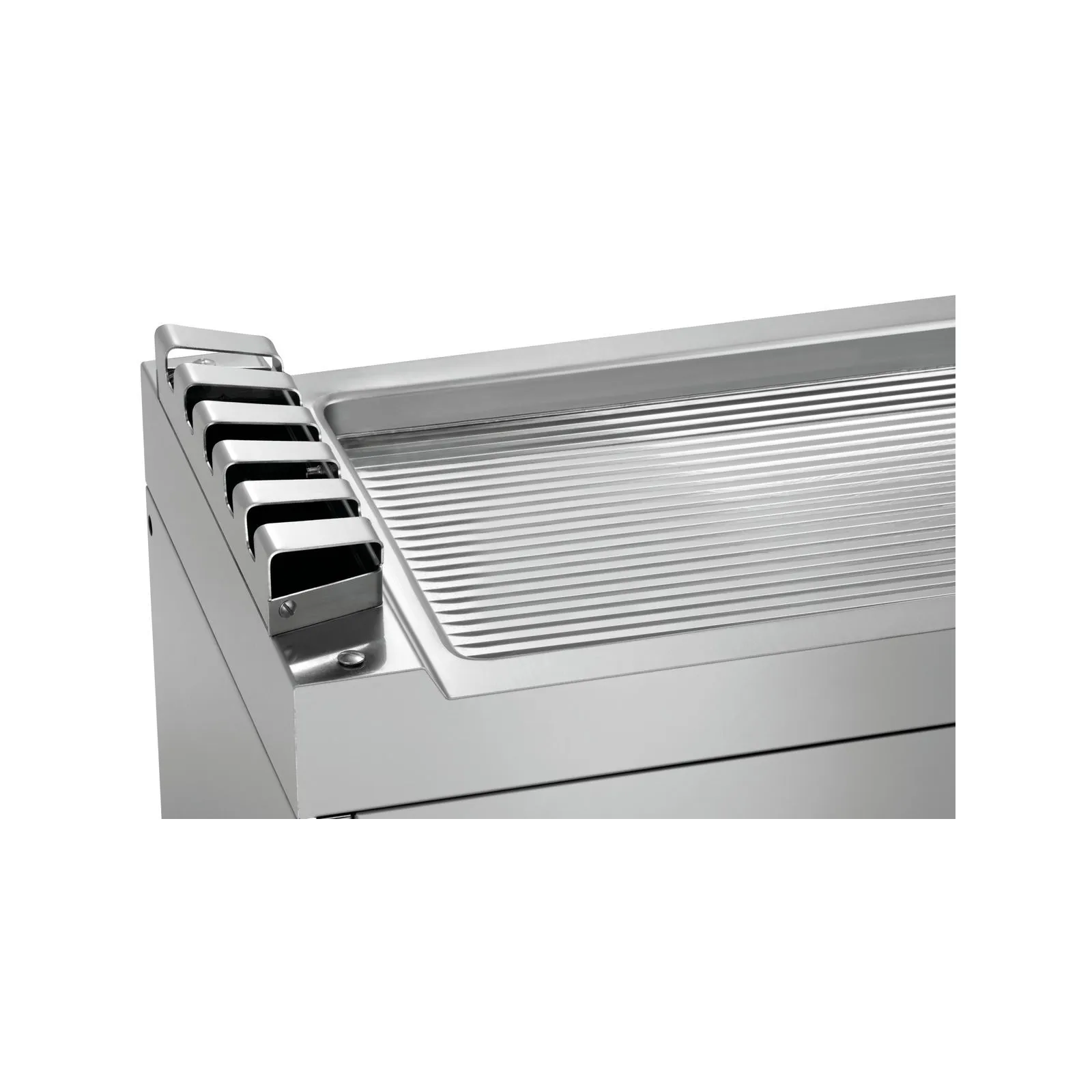 Bartscher 285071 Spritzschutz 740 Nahansicht Griddleplatte, Grill, Griddle, Edelstahl, Rillenoberfläche, Lüftung/Belüftung