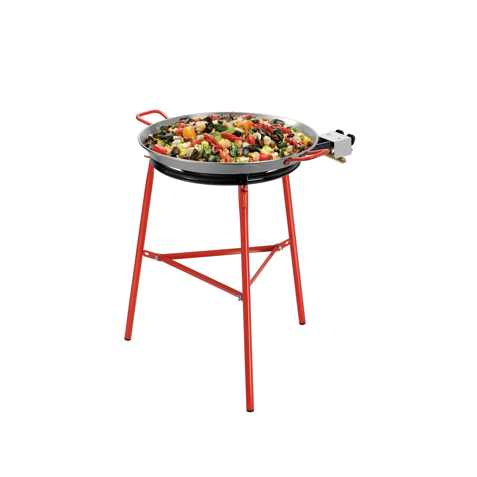 Bartscher A153260 Paella-Pfanne STP600 Ansicht Komplett mit Essen und Dreifuß lang