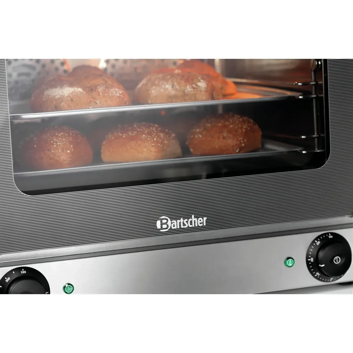 Bartscher 120879 Heißluftofen AT90-ST Nahansicht, mit Brötchen, geschlossen, Backofen, Brötchen, Sesam, Rostbraun, EinstellbarerOfen