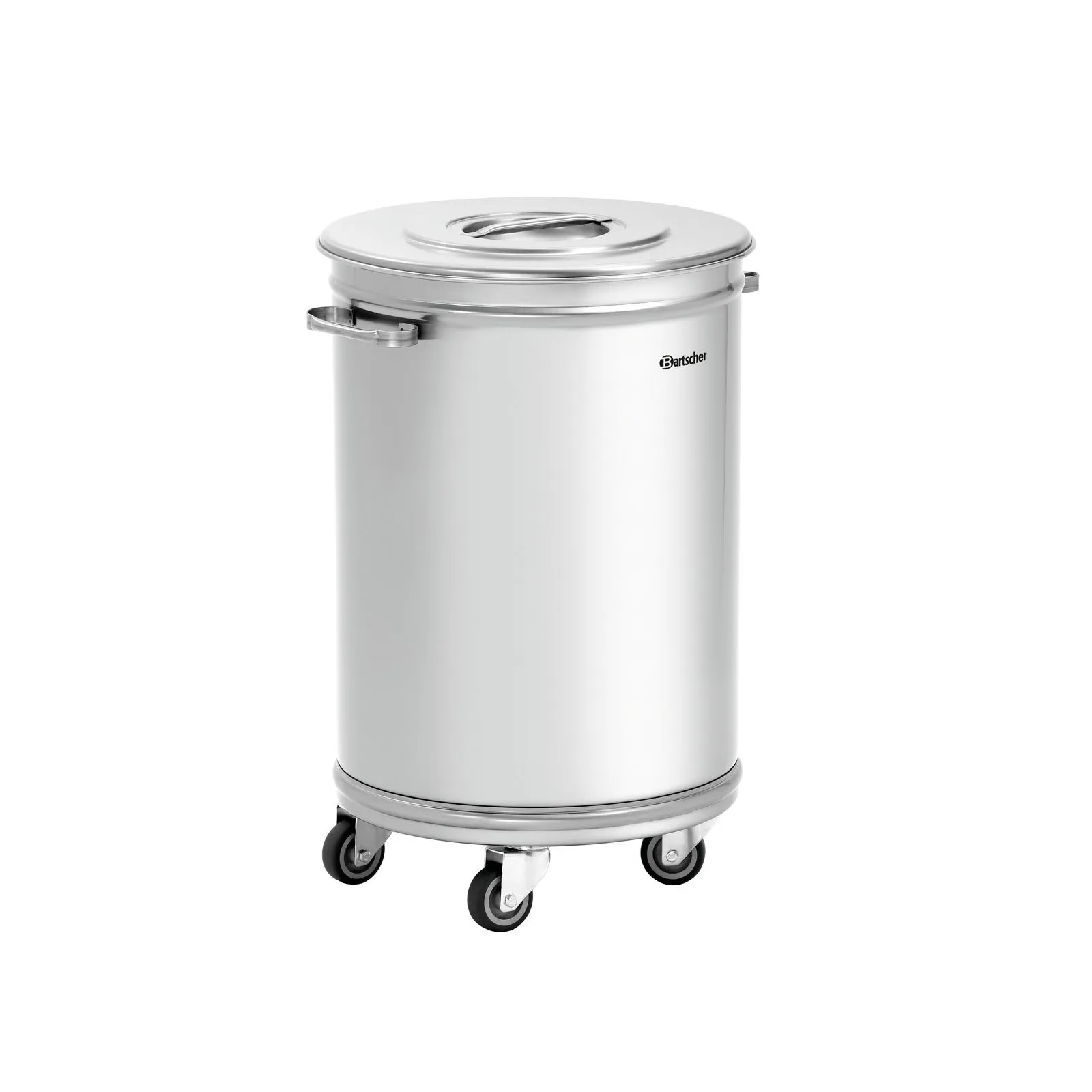 Bartscher 860006 Abfalleimer 56L Ansicht Komplett, Behälter, Mülleimer, Edelstahl, Zylinder, Rollen