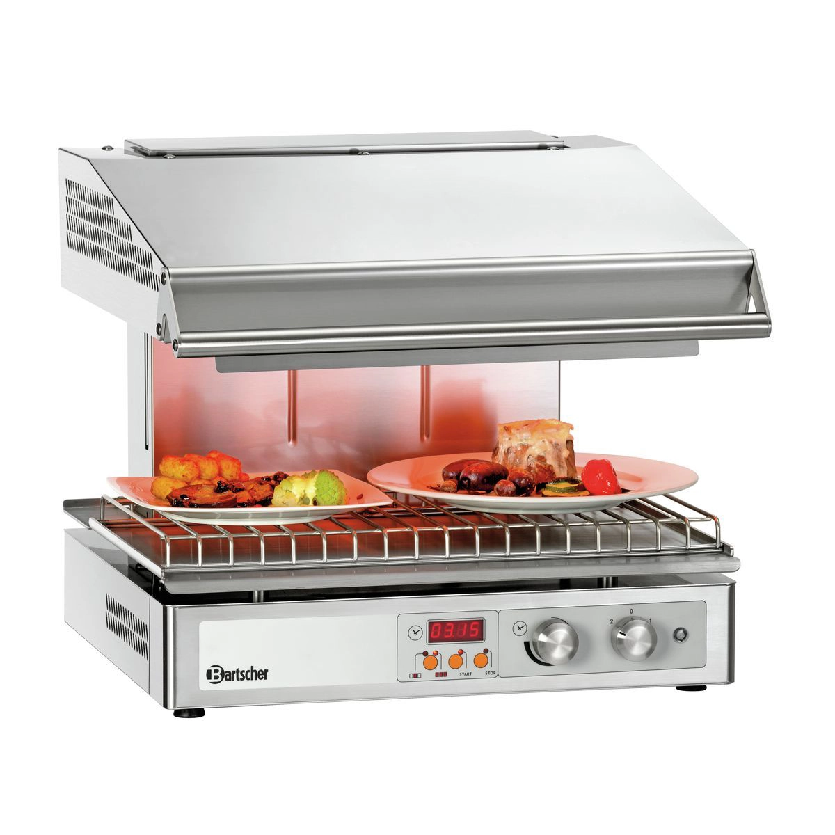 Bartscher 101546 Lift Salamander wo zwei Teller auf hoher Höhe warmgehalten werden