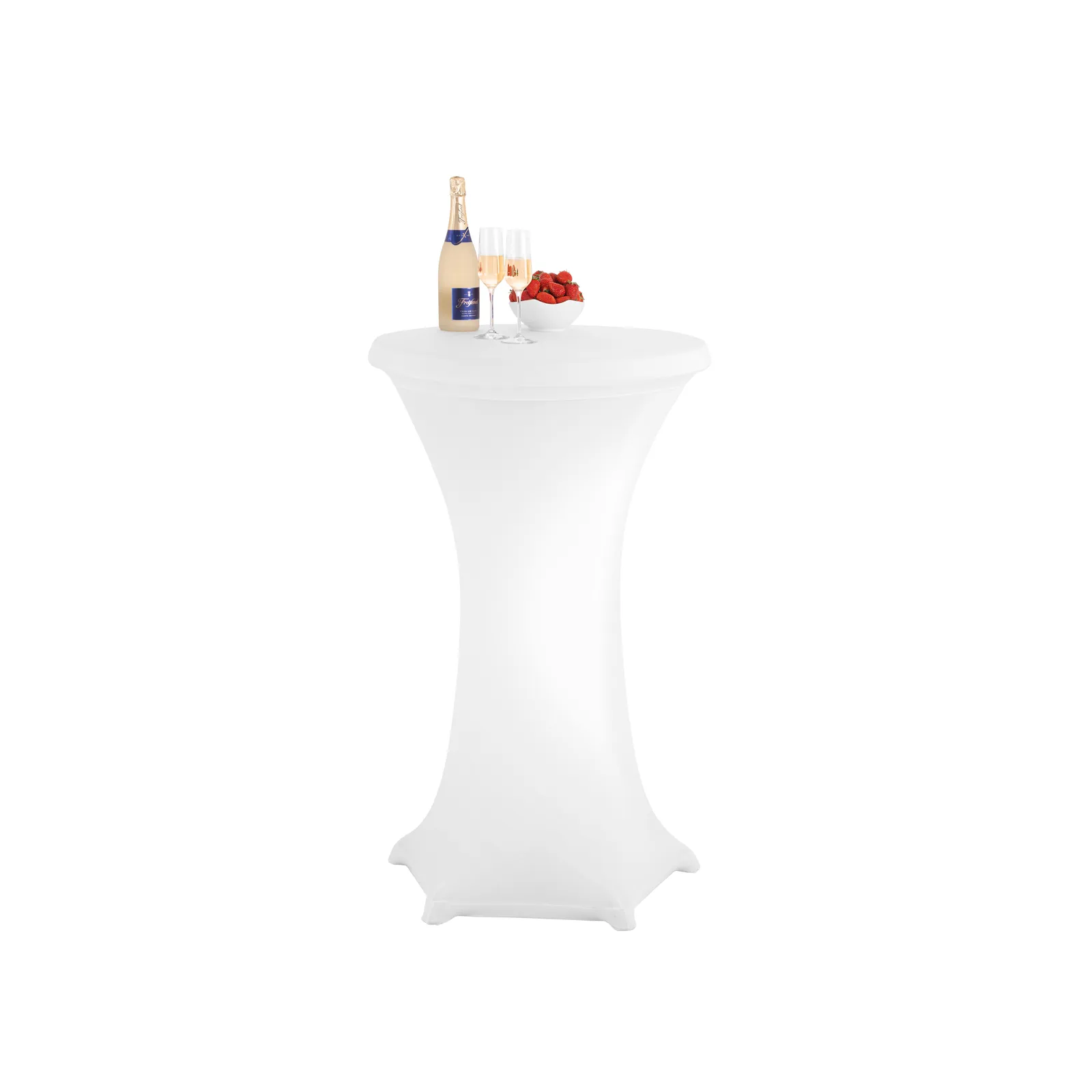 Bartscher 601168 Stehtisch-Hussen-Set 700 Ansicht Komplett mit Getränk, Stehtisch, Stretch-Ständer, Weißer Bartisch, Champagnerflasche, Beeren/Früchte-Schale