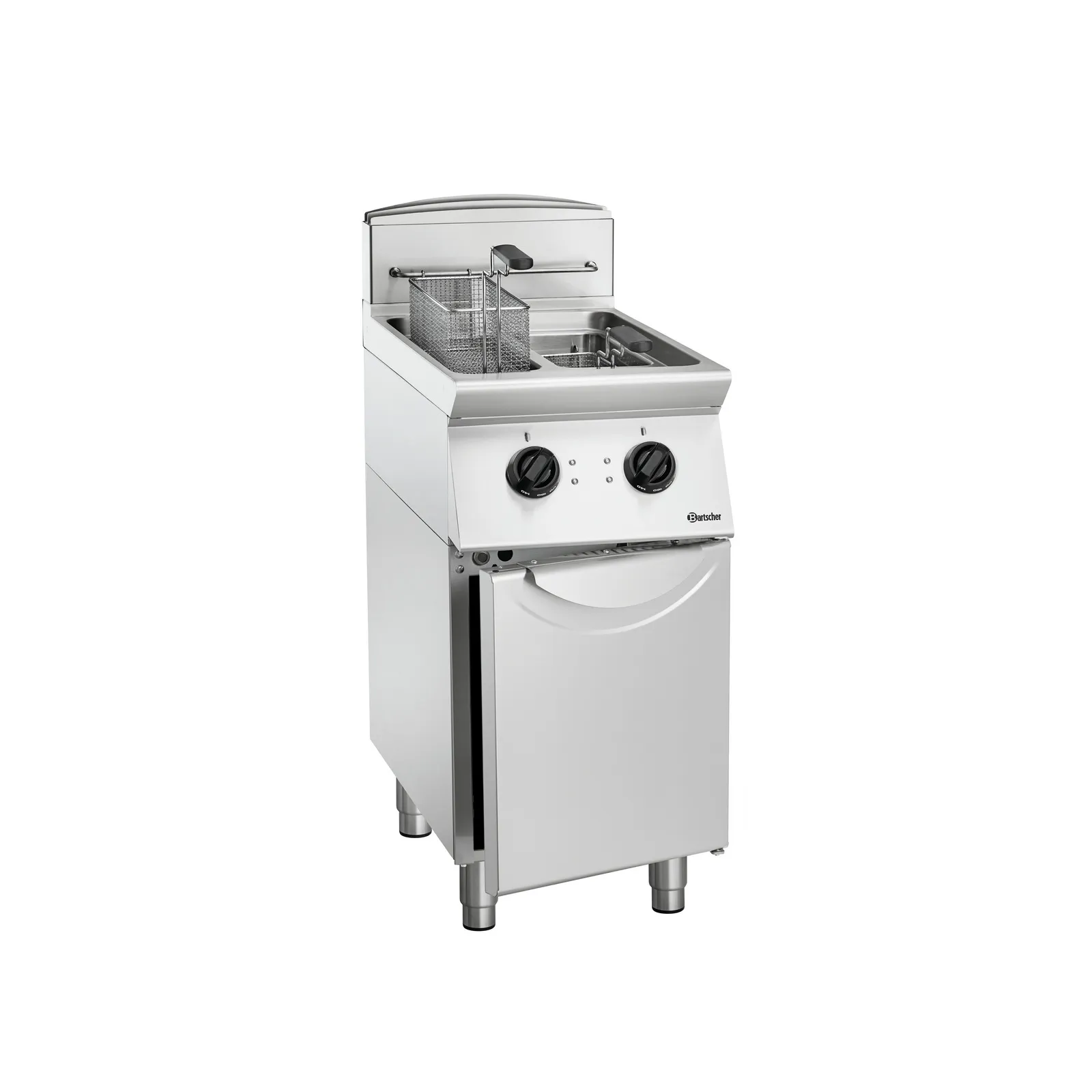 Bartscher 272335 Fritteuse 700 B400 2x8L Ansicht Komplett, offene Tür, gas-kitchen, fritier, edelstahl, zwei-töpfe, höhe-verstellbar