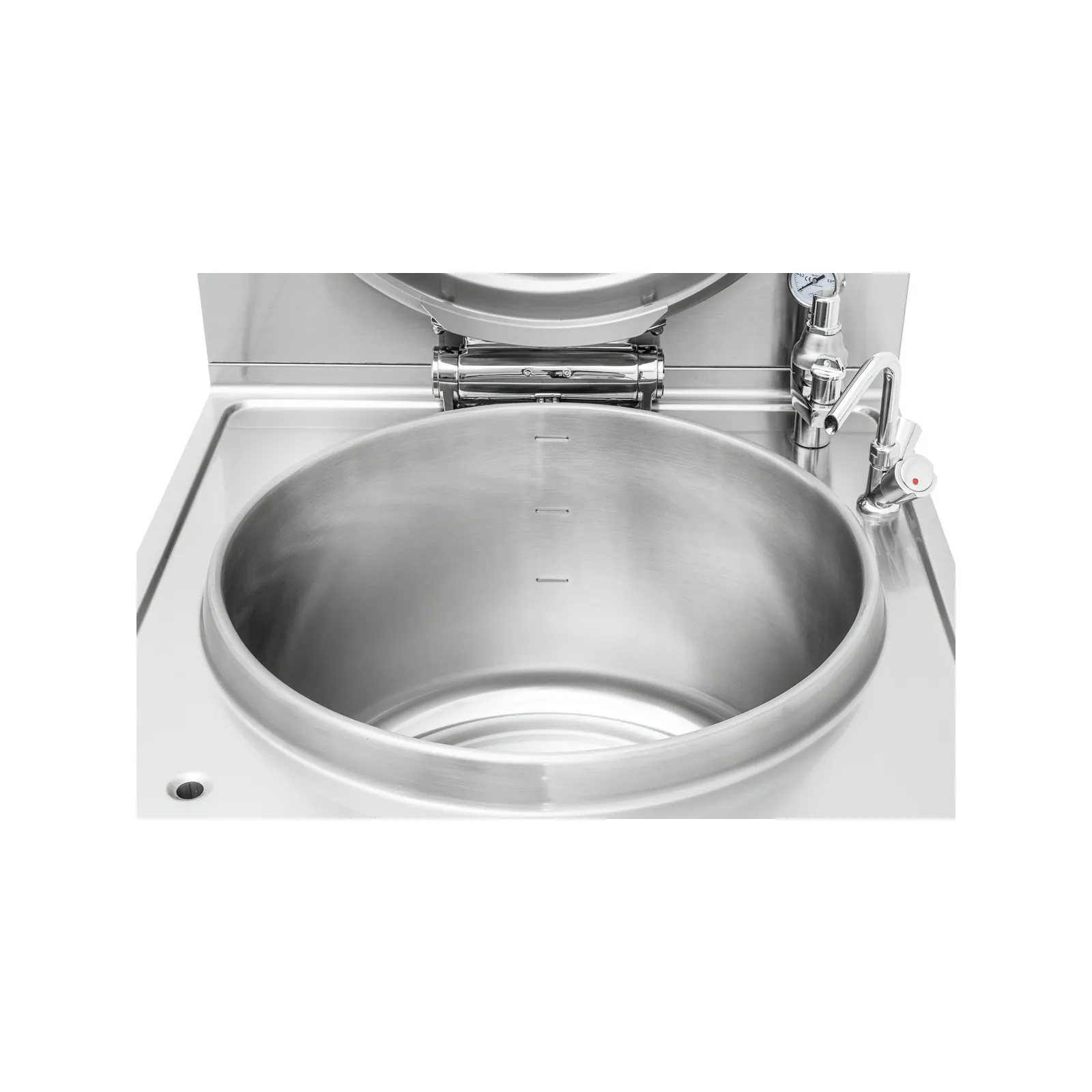 Bartscher 280016 Kochkessel E145L Nahansicht offener Deckel, Edelstahl, Induktion, Sicherheitsventil, Kessel, Industrie Kessel