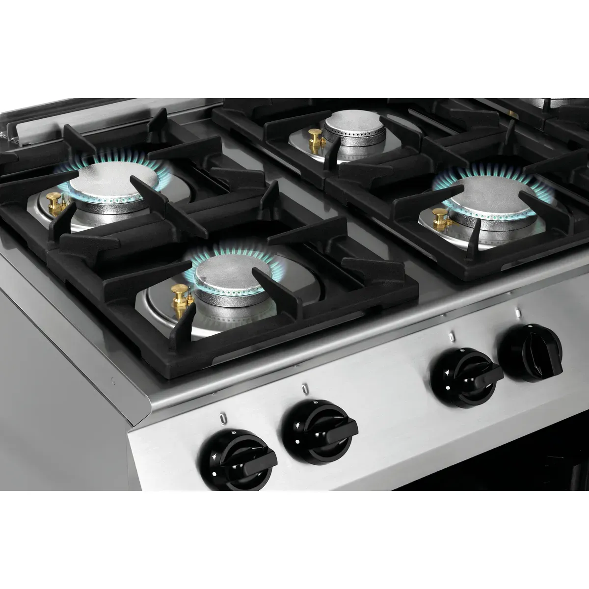Bartscher 1582051 Gasherd MFGO 7040 Nahansicht Kochfelder und Bedienelemente, gas stove, gas burner, Edelstahl, Bedienelemente, Gusseisen-Grillrost