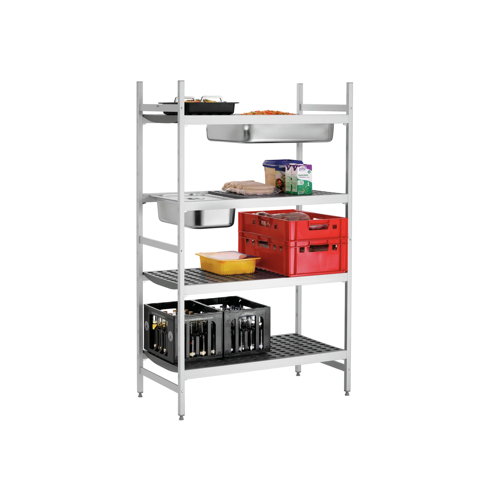 Bartscher 603150 Regalsystem Kit 2 B1080 Ansicht Komplett gefüllt, Regal, Metall, Schrank, Kastenträger, Gitterboden