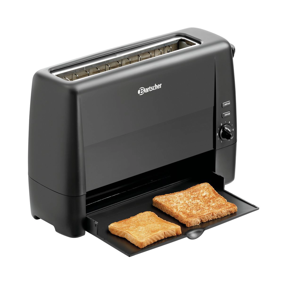 Bartscher 100282 Toaster schwarz mit geöffneter Toastrutsche und zwei Toasts