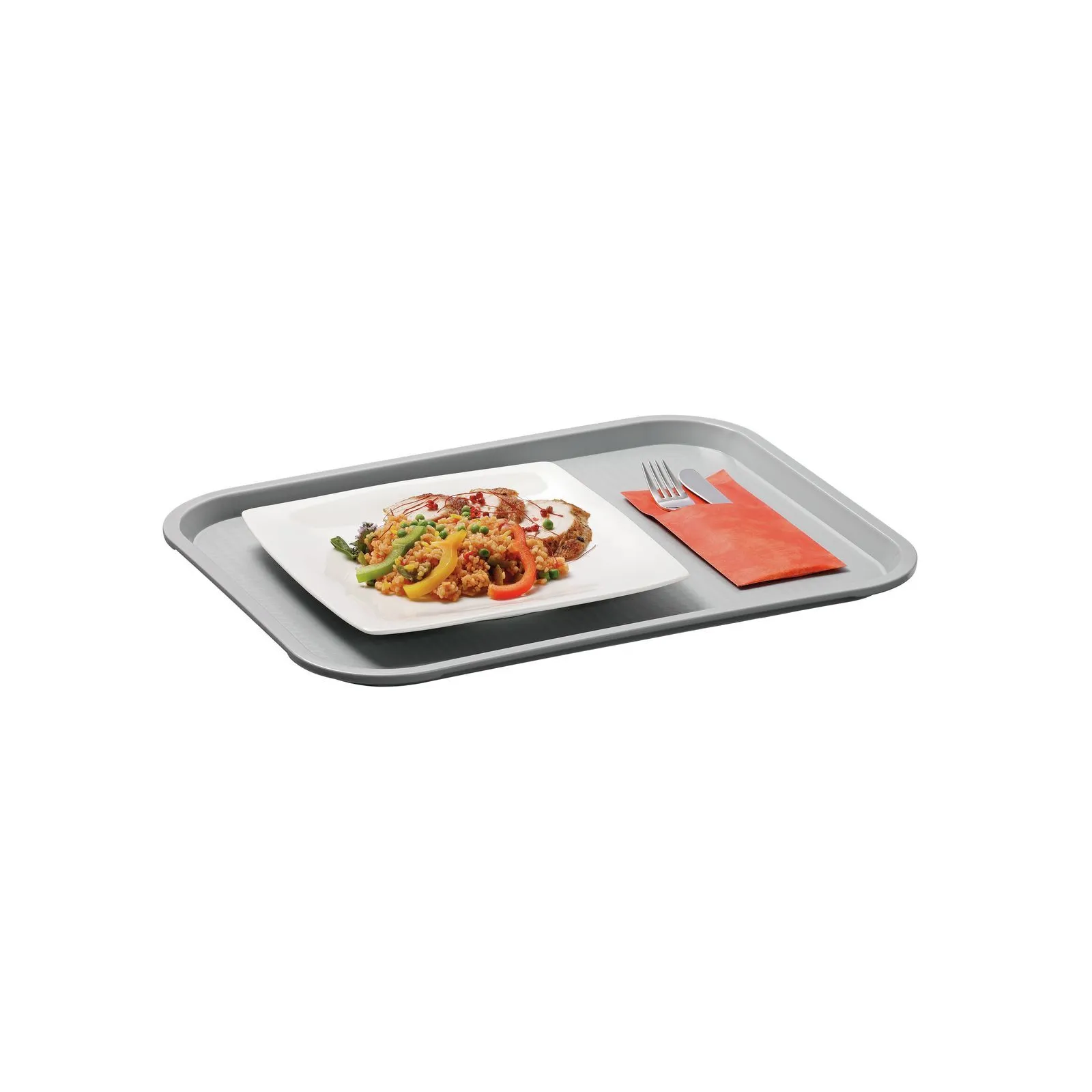 Bartscher 701054 Tablett KN45350-HG Ansicht Komplett , Servierplatte, Teller mit Essen, Besteck, Servietten, rechteckige Ablageplatte